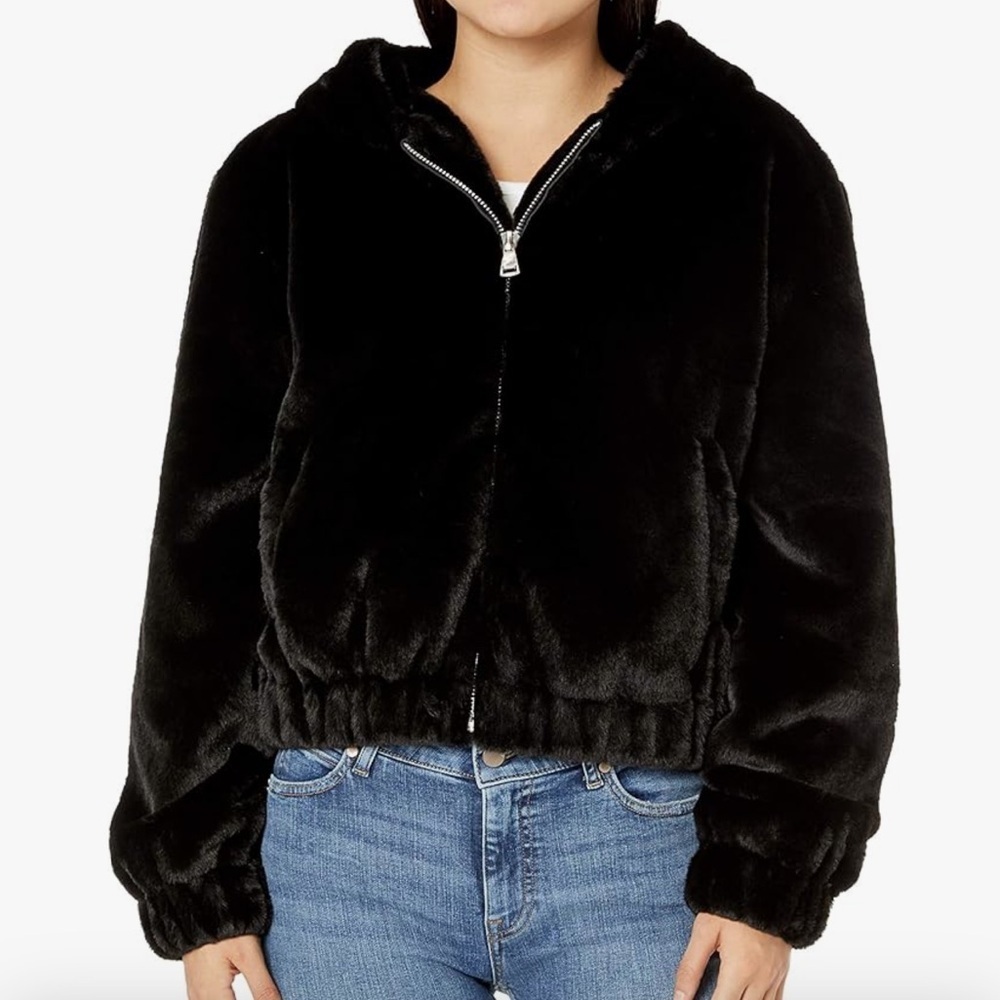 Black Faux-Fur Hooded Zip Jacket - Women